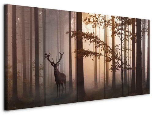murando - Leinwandbild Hirsch Natur, 200x80 cm, 5-teilig, Schlafzimmer | Hochwertige Leinwand, sofort aufhängbar, ideal fürs Wohn- oder Schlafzimmer, wasserfest und lichtecht, langlebig, stilvoll