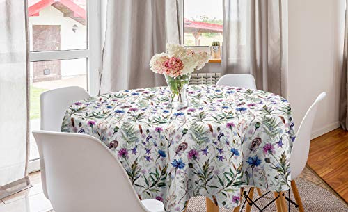 ABAKUHAUS Distel Runde Tischdecke, Aquarell-Wildblumen, Kreis Tischdecke Abdeckung für Esszimmer Küche Dekoration, 150 cm, Lila Reseda Grün