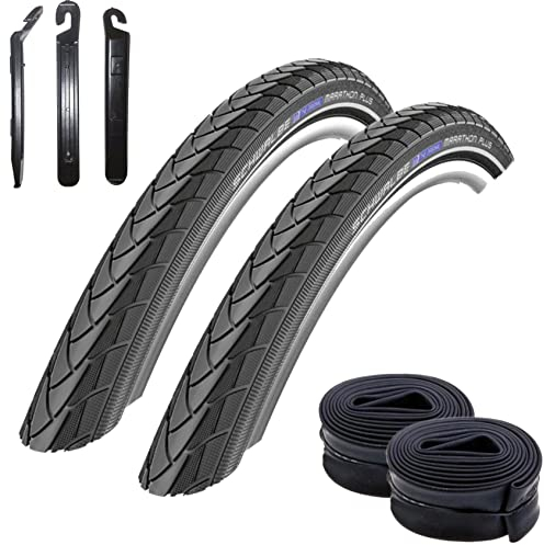 2 x Schwalbe Marathon Plus Fahrradreifen Fahrradmantel in Schwarz mit Reflex 47-559 (26 x 1.75) + 2 Schwalbe Schläuche AV13 inkl. 3 Reifenheber