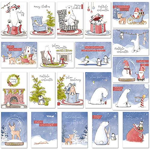 TOBJA Weihnachten Postkarten 20 Stück - Weihnachtspostkarten witzig Tiere im Schnee | Weihnachtskarten Geschenkkarten DIN A6 | Karten aus hochwertigem Premium Papier by
