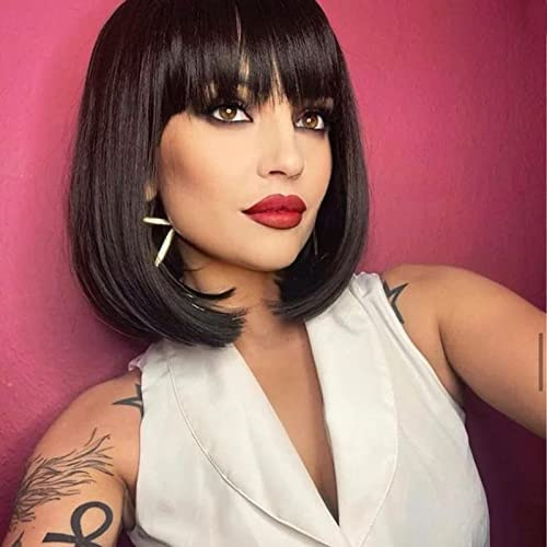 YEESHEDO Damen Dunkelbraun Kurze Bob Gerade Haar Perücken mit Pony Hitzebeständige Synthetische Bunte Perücke für Frauen für Tägliche Party Cosplay Kostüme Farbe 4#