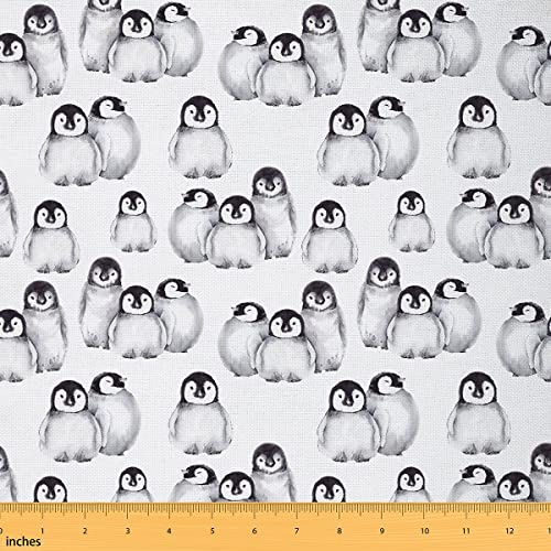 Pinguin Stoff Meterware für Kinder Jungen Mädchen Antarktis Tier Polsterstoff Kawaii Cartoon Pinguin Dekostoff zum Quilten Nähen Geschenk DIY Art Kleidung Grau Weiß Schwarz 184 x 150 (HxB)