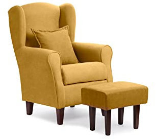 Sillonea - Sillón Orejero Roma con Puff/reposapies, butaca pequeña para salón, Ideal para Ver la TV/Leer. Medida: 100x74x77cm. Tapizado con Tela Antimanchas. (Mostaza, Nogal)