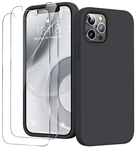 GOODVISH für iPhone 12 Pro Max Hülle mit 2 Stück Schutzfolie, Schwarz | Liquid Silikon Rundumschutz Handyhülle, mit Weichem Mikrofaser Innenfutter Stoßfestes Schutzhülle für 12 Pro Max 6.7