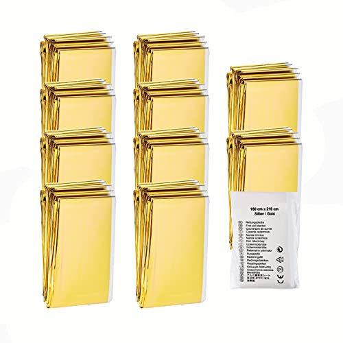 HW CASA Coperta Termica 10 Pezzi, Emergenza Oro Argento, Coperta Isotermica di Pronto Soccorso Impermeabile per Salvataggio Protegge da Freddo, Pioggia, Calore e Vento per Kit di Sopravvivenza