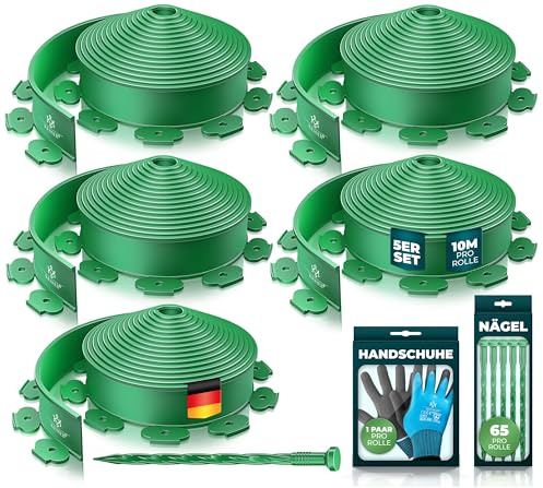 KESSER® Flexible Rasenkante aus Kunststoff Länge 50m Höhe 5cm, mit 325 Erdanker + 5 Paar Handschuhe Beeteinfassung Beetumrandung Beetbegrenzung Mähkante Pflastersteine Palisade - Grün