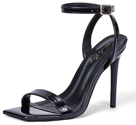 Elisabet Tang Women's Stiletto Heels Ankle Strap Open Square Toe Heeled Sandals Sexy Comfort Strappy Dress High Heel Shoes Lace Up Wedding Party Sandals Shoes Black Size 7