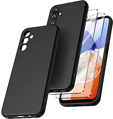 New&Teck Handyhülle hülle für Samsung Galaxy A14 4G/5G + 2 Schutzgläser, aus weichem TPU-Silikon (Schwarz, A14)