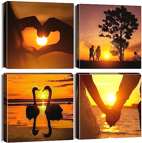 Artscope 4 Teilig Leinwandbilder mit Liebe bei Sonnenuntergang Motiv Kunstdruck - Moderne Wandbild für Küche Badezimmer Wohnzimmer Wanddekoration - 30 x 30 cm