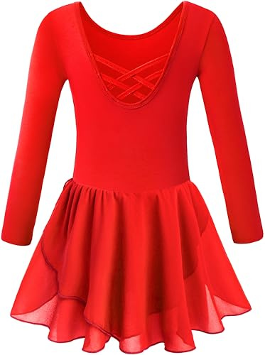 LMCOB Ballet Leotards for Girls Long Sleeve Dance Leotards Dress for Toddler Girls Ballet Outfit Red 2-12 years(YW2142-04-S)