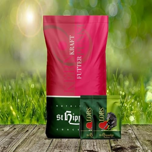 St. Hippolyt Kernkraft Pferdefutter 15 kg – Faserreiches Futter mit reichhaltigen Aminosäuren + 2 x 1 kg Belohnungs-Lobs