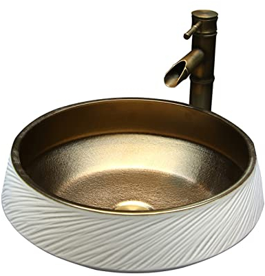 Lavabo vasque à poser Lavabo de salle de bain en céramique au-dessus du comptoir, lavabo en porcelaine for lavabo, lavabo de salle de bain rond avec finition à la main de couleur or Lavabo Salle de Ba