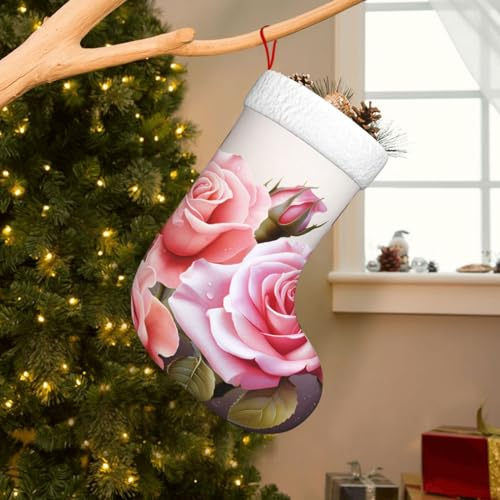 UPGENT Weihnachtsstrumpf mit rosa Rosenblüten – festliche Weihnachtsdekoration, Geschenksack – Weihnachtssocke für Süßigkeiten, Spielzeug und mehr