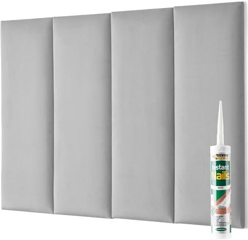 NOVECRAFTO Velvet Padded Wall Panels Set of 4 With Adhesive - H31.5 x W11.8 (80x30cm) Wall Mounted Headboards - Anti Collision 3D Grey Upholstered Headboards for Beds, Cladding Panels for Kids Room