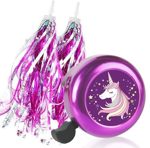 Kinder-Fahrradklingel mit 2 Fahrradschlangen für Mädchen, niedliches Kinderfahrradzubehör (Einhorn-Glocke + Quasten)