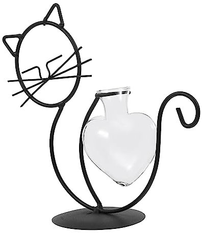 MAGICLULU Katze Vase aus Schmiedeeisen Wohnkultur Luftpflanze Vase in Tierform klare Vase Dekor Pflanzenbehälter aus Glas Vasen mit Eisenrahmen Schreibtisch Blumengefäß Blumentopf schmücken