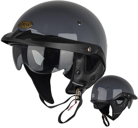 Retro Motorrad Halbhelme Motorradhelm Für Herren Und Damen DOT/ECE-Zertifizierung Jethelm Mit Visier Braincap Halbschalenhelm Für Cruiser Moped Scooter Offenem Helm 1,M:57-58CM