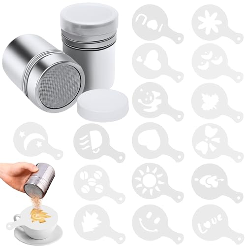 2 Stück Kakaostreuer Edelstahl mit 16 Pcs Kaffee Schablonen, Mehlstreuer mit Deckel Puderzuckerstreuer für Cappuccino, Kakaopulver Streuer zur Dekoration von Kaffee Kuchen