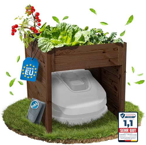 Schwanfeld® [2 in 1] Mähroboter Garage mit Hochbeet [GEEIGNET FÜR JEDEN MÄHROBOTER] - inkl. Innenfolie - Hochwertige Garage Mähroboter (Schützt vor Regen & UV-Strahlen) - Robuste Rasenroboter (Braun)