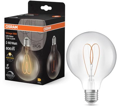 OSRAM Vintage 1906 Globe ist eine warmweiße, dimmbare LED-Lampe in klassischer Ballform mit Filament. Sie bietet 7.2 W für 806 lm, E27 Fassung, klarfarbenes Glas, 95 mm Durchmesser, 2700 K, EEK E.