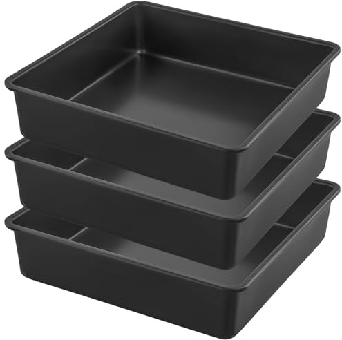 HEIHAK 3 PCS Carbon Steel Square Baking Trays, 20x20x5.1cm Black Non-Stick Cake Tins, Multifunctional Cake Baking Pans for Cake, Bread, Pizzas, Other Desserts