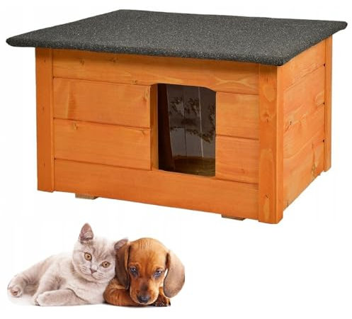 QLS Hunde- Katzenhaus aus Holz 53x39 cm Isoliert Winterfest Montiert Outdoor