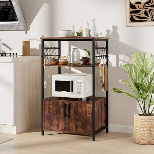 COSTWAY Meuble de Cuisine à 3 Niveaux avec Armoire et Etagères, Organisateur de Cuisine 2 Etagères Ouvertes, 10 Crochets en S, pour Micro-Ondes, Industriel, Marron Rustique