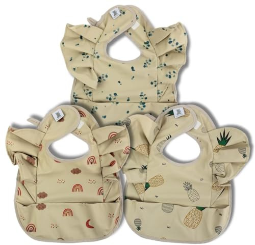 Hello Hippo - Pack de 3 Baberos Impermeables con Volantes y Bolsillo Recoge-Migas – Estilo y Protección para Bebé | Babero Plastificado Unisex 4-12 Meses | Ajustable