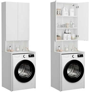 PLATAN ROOM Armadio per lavatrice e asciugatrice, 210 x 65 x 56/25 cm, bianco (bianco opaco, profondità 56 cm)