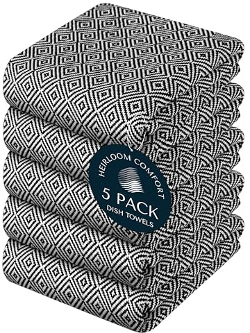 HEIRLOOM COMFORT Black Kitchen Towels, 5 Pack, 100% Cotton, 40x66 cm, Super Absorbent and Quick Dry, Diamond Design Towel Set, Reusable, Durable Dish Cloths for Kitchen Use, Cleaning & Drying Dishes