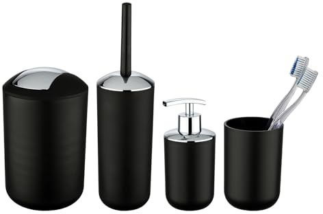 Bad-Accessoire Set Mod. Brasil, 4-teilig, bestehend aus Zahnputzbecher, Seifenspender, WC-Garnitur & Schwingdeckeleimer, für einheitliche Badausstattung, bruchsicherer Spezialkunststoff, Schwarz