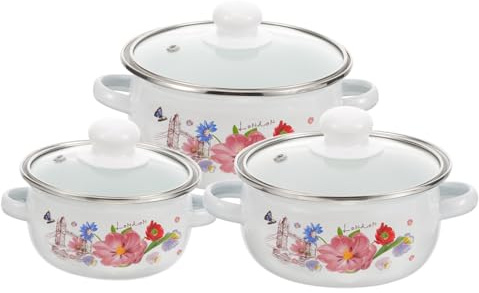 CLISPEED Marmite Émaillée Vintage 3 Pièces Poignées Isolantes, Fond Plat, Motif Floral Élégant, Casserole Multifonction pour Soupe Maison Plusieurs styles