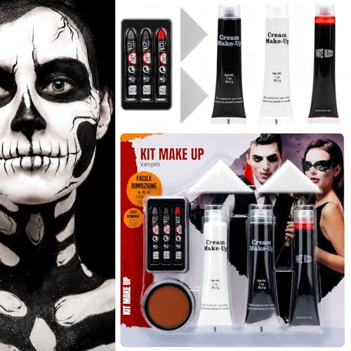 Set de maquillaje para Halloween, pintura facial y corporal en blanco y negro, kit de maquillaje SFX con cera para cicatrices, sangre falsa lavable, pintura facial y corporal para Halloween, SFX