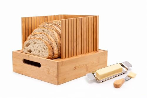 Adjustable Bread Loaf Cutter + Bread Sourdough Cutter Guide Sandwich Bread Cutter Butter Cutter and Spreading Knife + Foldable Design Crumb Tray Non-Slip Base Compact Storage