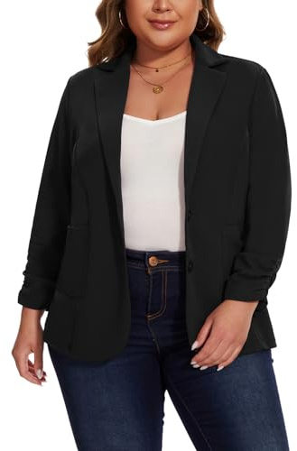 Kyzoeyou Womens Plus Size Blazer Suit Elegant 3/4 Ruched Sleeve Jackets Blazers Slim Fit Business Casual Jacket with Buttons Pockets