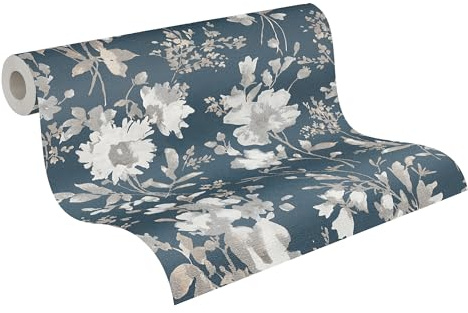 A.S. Création Blüten-Tapete by COSMOPOLITAN – Blau, Weiß – 10,05 x 0,53 m | Florales Blüten-Motiv als natürlicher Blickfang – schimmernde Motivtapete, einfach zu verkleben & spurlos abziehbar