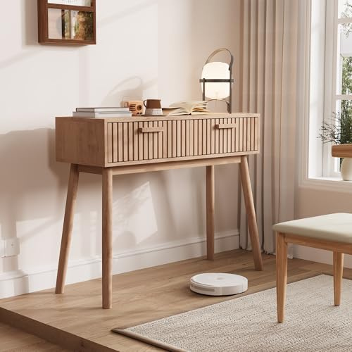 TDRTRD Table Console 100 x 35 x 80 cm, Table d'Appoint Buffet avec 2 Tiriors de Rangement, Table d'entrée, Console Scandinave Bois d'Ingénierie Marron, pour Salon, Bureau, entrée ou Mur TV