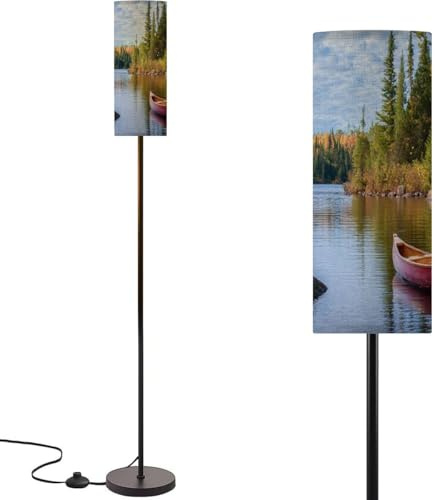 Modern Standing Lamps Red wooden canoe shore Boundary Waters lake morning light Floor Lamp Metal Pole Lamp with Linen Lampshade for Bedroom Living Room Office Nursery Reading Foot Switch