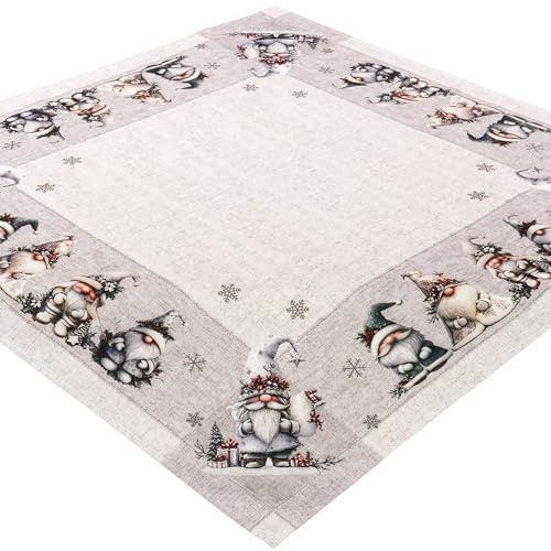Tischdecke Weihnachten Wichtel Mitteldecke Druckdecke Winter Weihnachtstischdecke Grau Stoff Pflegeleicht Waschbar (85 x 85 cm (Quadratisch))