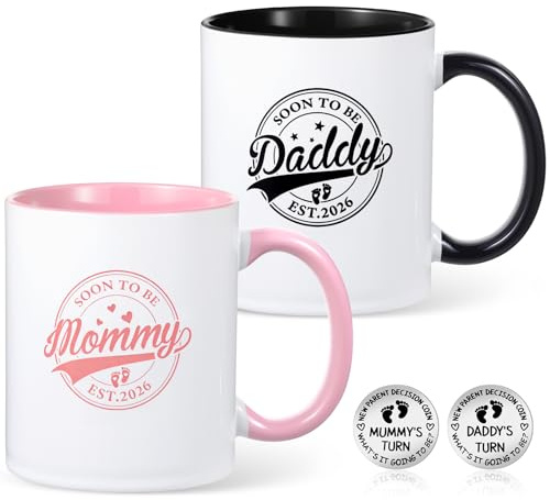 BAIEGOED 2 Mummy and Daddy Mugs, Mum to Be Gifts New Mum Gifts with Decision Coin for Baby Shower Gender Reveal Party, Pregnancy Gift for Expecting Mummy and Daddy to Be