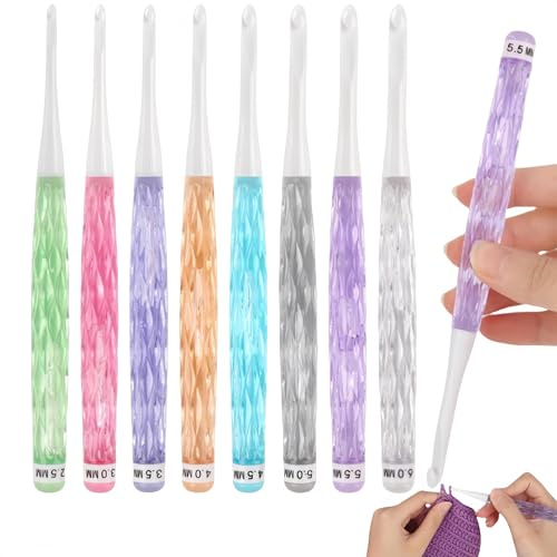8PCS Inline Crochet Set, Non-Slip Hooks for Arthritic Hands, Needles for Crocheting Yarn, Size 2.5mm-6mm, Cute Plastic Grips
