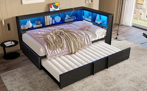 A ALFRESCOOL 90x200 cm Metall-Tagesbett Ausziehbar, Daybed Jugendbett mit Ausziehbett, Stauschränken, Einzelbetten mit LED-Beleuchtung und USB-Anschlüssen, Schlafsofa, Ohne Matratze(Schwarz)
