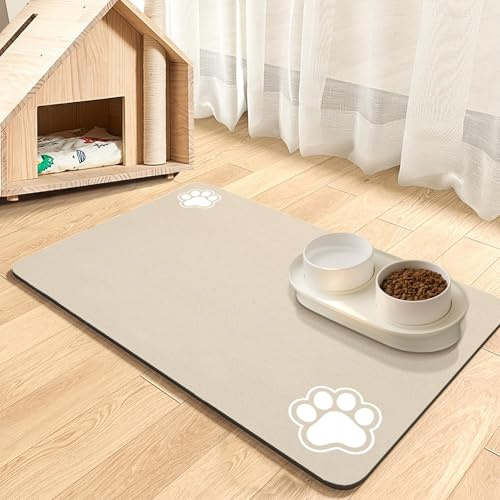 Tapis d'alimentation pour animaux de compagnie - Set de table absorbant pour gamelle de nourriture et d'eau, sans taches, séchage rapide pour chien et chat avec envers en caoutchouc imperméable (beige