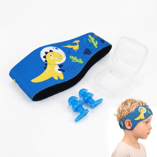 Bandeau de Natation Enfant et Adulte avec Bouchons d'Oreilles - Protection Auditive Imperméable en Néoprène pour Piscine et Plage - Bandeau Oreille Piscine Réglable, Motif Dinosaure Bleu, 58cm