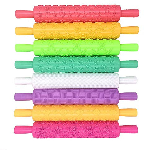 ECOSWAY 8-teiliges Teigroller-Set mit geprägtem Muster, Antihaft-Designs, ideal für Fondant, Kuchenkruste, Kekse, Gebäck, Zuckerguss, Ton, Teig, 8 Farben