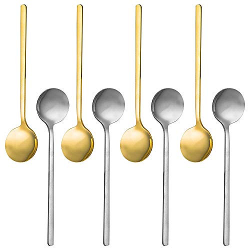 findTop Lot de 8 mini cuillères à café en acier inoxydable plaqué or et argent pour café, sucre, dessert, gâteau, crème glacée, soupe, antipasto, cappuccino 13 cm