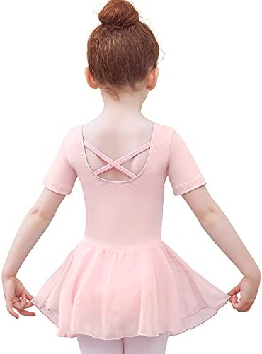 Tancefair Kinder Ballettkleid Mädchen Ballettkleidung Kurzarm/Langarm Baumwolle Balletttrikot Ballettanzug Tanzkleid Tanzbody aus Baumwolle mit Chiffon Rock Tütü