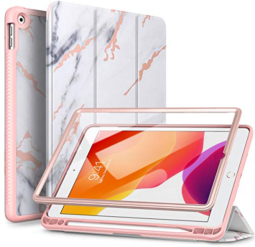 SURITCH Schutzhülle für iPad 9./8./7. Generation 10.2, integrierter Displayschutz, Stifthalter, automatische Standby-/Aufweckfunktion, Rundumschutz, leicht, faltbar – Marmor