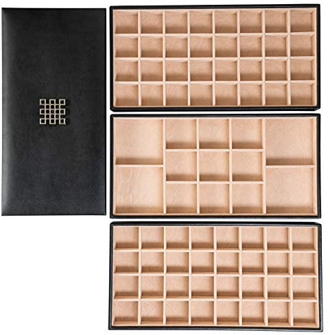 Glenor Co Earring Organizer Tray - 3 Large Stackable Trays with Lid -77 Slot Classic Jewelry Storage Display Case for Drawer or Dresser - Holder for Earring Ring Necklace or Cufflinks