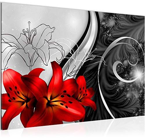 Runa Art Bild Blumen Lilien Modern Wandbilder Wohnzimmer 1 Teilig - Made In Germany - Rot Schwarz Weiss Flur 208415c